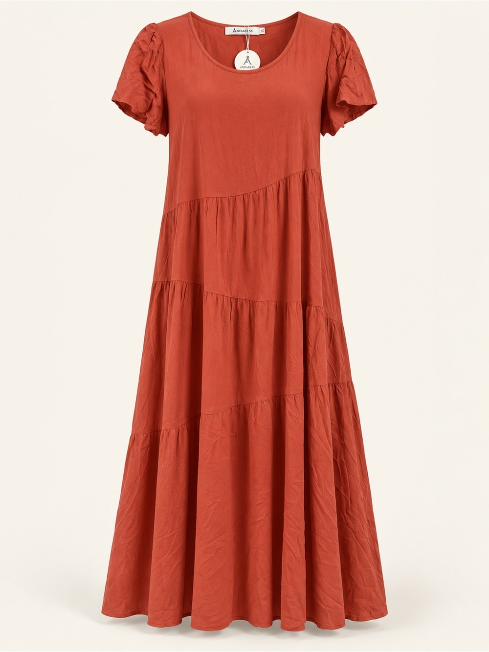 ANRABESS Rust Orange Tiered Rayon Maxi Dress Puff Sleeve XL NWT